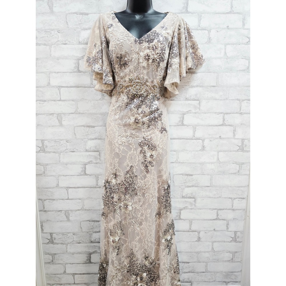 Mac Duggal Champagne and Silver Embellished Lace Evening Gown